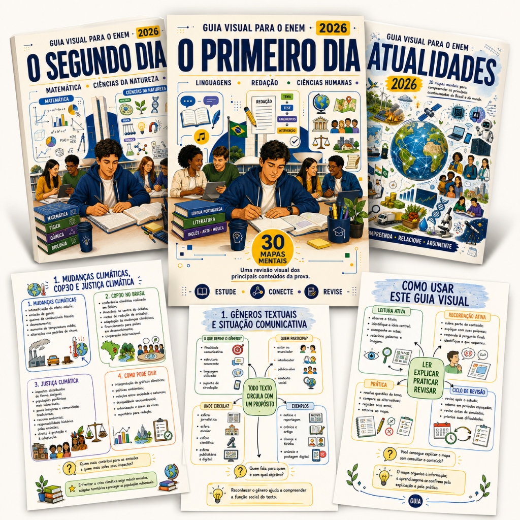 Guia Visual para o ENEM 2026 - Mockup dos 3 E-books e Mapas Mentais